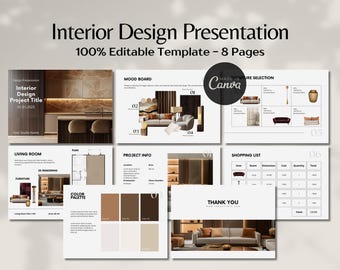 Interior Design Presentation Template, Interior Design Project Proposal, Furniture Board, Mood Board Canva, Material Finishes, Color Palette