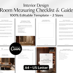 May include: A white interior design checklist and guide template with the text "Interior Design Room Measuring Checklist & Guide" and "100% Editable Template - 2 Sizes". The template includes measuring instructions, a bedroom plan, and an office checklist. The template is available in A4 and US Letter sizes.