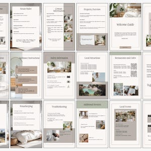 May include: A collection of informational pages with text and images, including "Check-In Instructions," "House Rules," and "Welcome Guide." The pages have a neutral color palette with beige and brown tones, and feature images of a bedroom and other interior spaces.