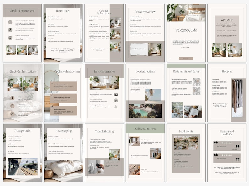 May include: A collection of informational pages with text and images, including "Check-In Instructions," "House Rules," and "Welcome Guide." The pages have a neutral color palette with beige and brown tones, and feature images of a bedroom and other interior spaces.