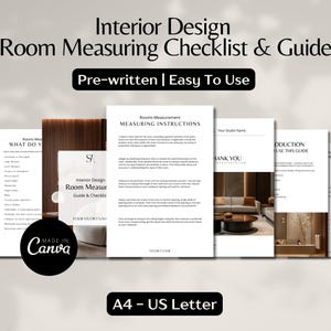Pode incluir: Uma coleção de documentos em papel branco com texto, incluindo uma lista de verificação e um guia para medições de salas de design de interiores. Os documentos são rotulados como "Interior Design Room Measuring Checklist & Guide" e "Pre-written | Easy To Use". O logotipo da Canva é visível.
