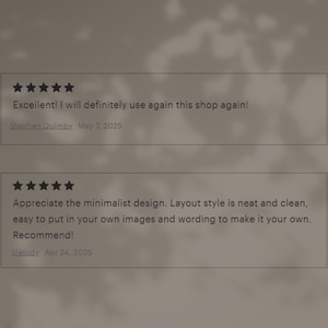 Puede incluir: Dos cuadros rectangulares con texto y valoraciones por estrellas. El cuadro superior dice: "Excellent! I will definitely use again this shop again!" por Stephen Quimby, 7 de mayo de 2025. El cuadro inferior dice: "Appreciate the minimalist design..." por Melody, 24 de abril de 2025.