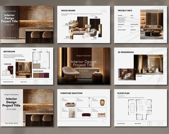 Interior Design Presentation Template, Interior Design Project Proposal, Specifications Spreadsheet, Mood Board Canva, Materials Finishes