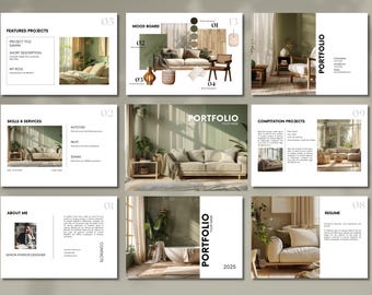 Interior Design Portfolio Template, Interior Design Canva Project Presentation, Sage Green Aesthetic Interior Design, Decor Project Proposal