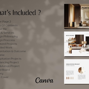 Puede incluir: Una presentaci&oacute;n de portafolio con el texto "What's Included?" que enumera la portada, la tabla de contenido, sobre m&iacute;, habilidades, filosof&iacute;a de dise&ntilde;o, proyectos, curr&iacute;culum vitae y m&aacute;s. El logotipo de Canva est&aacute; en la parte inferior.