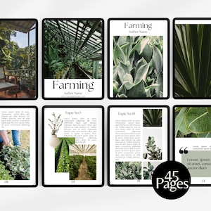 Könnte beinhalten: Ein digitaler Planer mit 45 Seiten mit Bildern von Pflanzen und Grün. Der Planer hat ein grün-weißes Farbschema und enthält den Text "Farming" und "Greenery Basics".