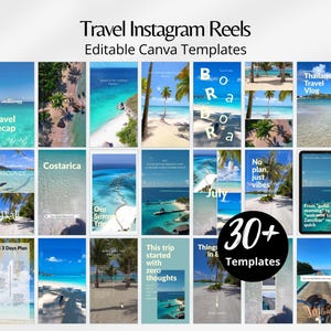 May include: A collection of travel-themed Instagram Reels templates. The templates feature beach scenes, tropical destinations, and text overlays. The image includes the text "Travel Instagram Reels" and "Editable Canva Templates". There are over 30 templates.