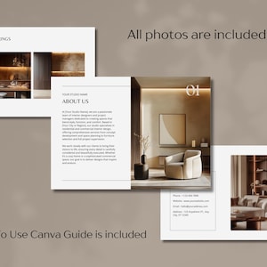 Pode incluir: Layout de apresenta&ccedil;&atilde;o com renderiza&ccedil;&otilde;es de design de interiores. O texto inclui "3D RENDERINGS", "YOUR STUDIO NAME" e "ABOUT US". As frases "All photos are included" e "How To Use Canva Guide is included" tamb&eacute;m s&atilde;o vis&iacute;veis.