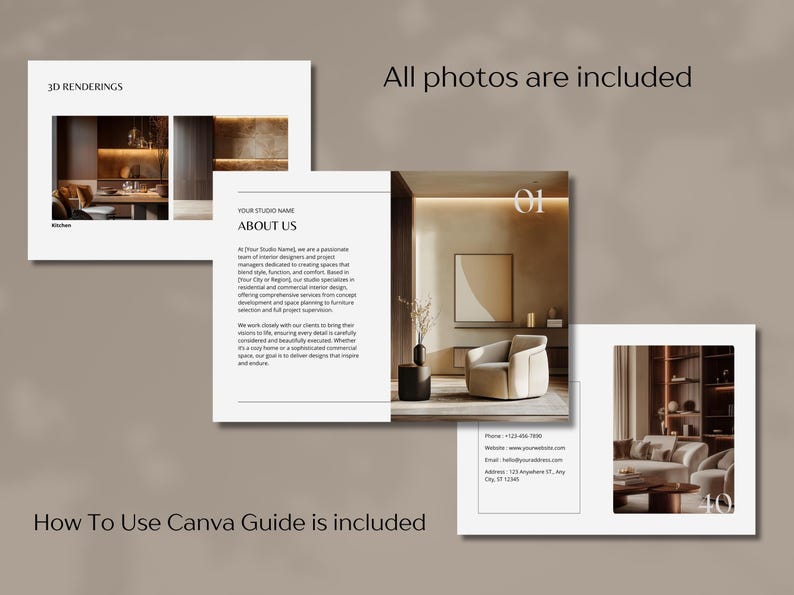 Pode incluir: Layout de apresenta&ccedil;&atilde;o com renderiza&ccedil;&otilde;es de design de interiores. O texto inclui "3D RENDERINGS", "YOUR STUDIO NAME" e "ABOUT US". As frases "All photos are included" e "How To Use Canva Guide is included" tamb&eacute;m s&atilde;o vis&iacute;veis.