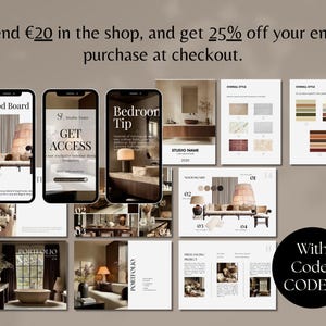 Puede incluir: Una imagen promocional con tres smartphones que muestran conceptos de dise&ntilde;o de interiores, junto con mood boards y ejemplos de dise&ntilde;o. La imagen incluye el texto "Spend &euro;20 in the shop, and get 25% off your entire purchase at checkout."