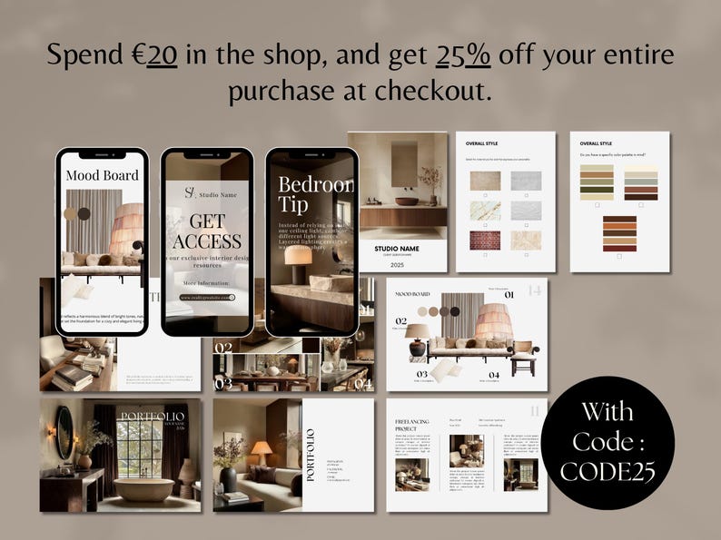 Puede incluir: Una imagen promocional con tres smartphones que muestran conceptos de dise&ntilde;o de interiores, junto con mood boards y ejemplos de dise&ntilde;o. La imagen incluye el texto "Spend &euro;20 in the shop, and get 25% off your entire purchase at checkout."