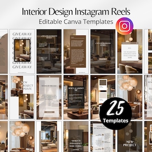 Puede incluir: Un conjunto de 25 plantillas editables de Canva para Reels de Instagram de diseño de interiores. Las plantillas presentan temas de diseño de interiores con superposiciones de texto, incluyendo "Giveaway", "Spaces We Love" y "New Project Update". Se ve un logo de Instagram.