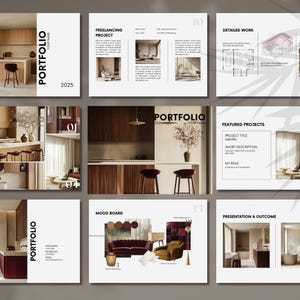 Modelo de portfólio de design de interiores, modelo de design de interiores minimalista, apresentação de arquiteto, quadro de humor de interiores, currículo de designer CV