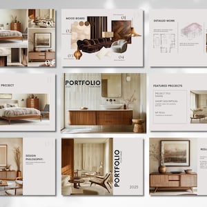 Modelo de Portfólio de Design de Interiores, Modelo de Design de Interiores de Meados do Século, Apresentação de Projetos Canva, Painel de Inspiração de Interiores, Currículo de Designer