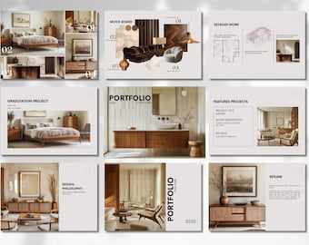 Interior Design Portfolio Template, Mid-Century Interior Design Template, Project Presentation Canva, Interior Mood Board, Designer Resume