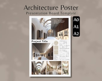 以下が含まれることがあります： 「Architecture Poster」と「Presentation Board Template」というタイトルの建築プレゼンテーションボードテンプレート。ボードには、インテリアデザインのレンダリング、平面図、材料サンプルが掲載されています。サイズA0、A1、A2が表示されています。