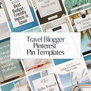 Op de afbeelding: Een collage van Pinterest-pin-sjablonen voor reisbloggers. De pins bevatten afbeeldingen van stranden, palmbomen en boten. De tekst op de pins bevat titels zoals "Top 5 Foods to Try in Costa Rica" en "10 Things I Wish I Knew Before Visiting Thailand".