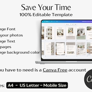 May include: A laptop screen displays a template with a light beige and white design. The text on the screen says "Welcome" and "Wellness Guide". The template is 100% editable and includes options to change the font, add photos, change text, add pages, and change the background color.