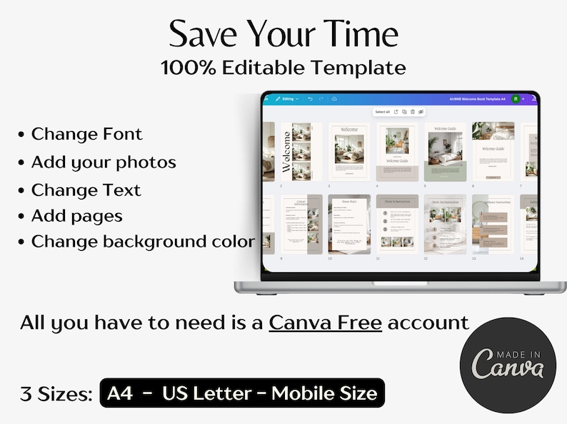 May include: A laptop screen displays a template with a light beige and white design. The text on the screen says "Welcome" and "Wellness Guide". The template is 100% editable and includes options to change the font, add photos, change text, add pages, and change the background color.