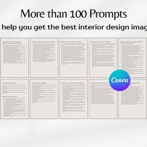 May include: A grid of text boxes with titles for different interior design styles, such as Scandinavian, Modern, and Mid-Century Modern. Each box contains a list of prompts to help you get the best interior design images. The text boxes are on a white background. The Canva logo is in the lower right corner.