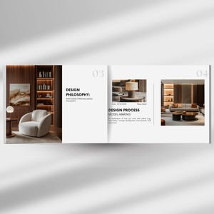 Modelo de portfólio de design de interiores Apresentação de design de interiores minimalista Canva Interior Mood Board Wokshop Studio Essentials Modelo A4