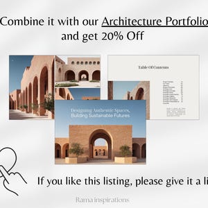 May include: Image featuring architectural portfolio examples with text: "Combine it with our Architecture Portfolio and get 20% Off." The image includes a heart and hand icon, and the text "If you like this listing, please give it a like."