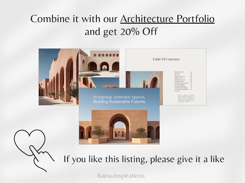 May include: Image featuring architectural portfolio examples with text: "Combine it with our Architecture Portfolio and get 20% Off." The image includes a heart and hand icon, and the text "If you like this listing, please give it a like."