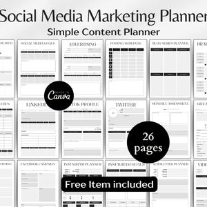 May include: A black and white Social Media Marketing Planner with the text "Simple Content Planner". The planner includes 26 pages and a free item. Pages include social media goals, advertising, and posting schedules.