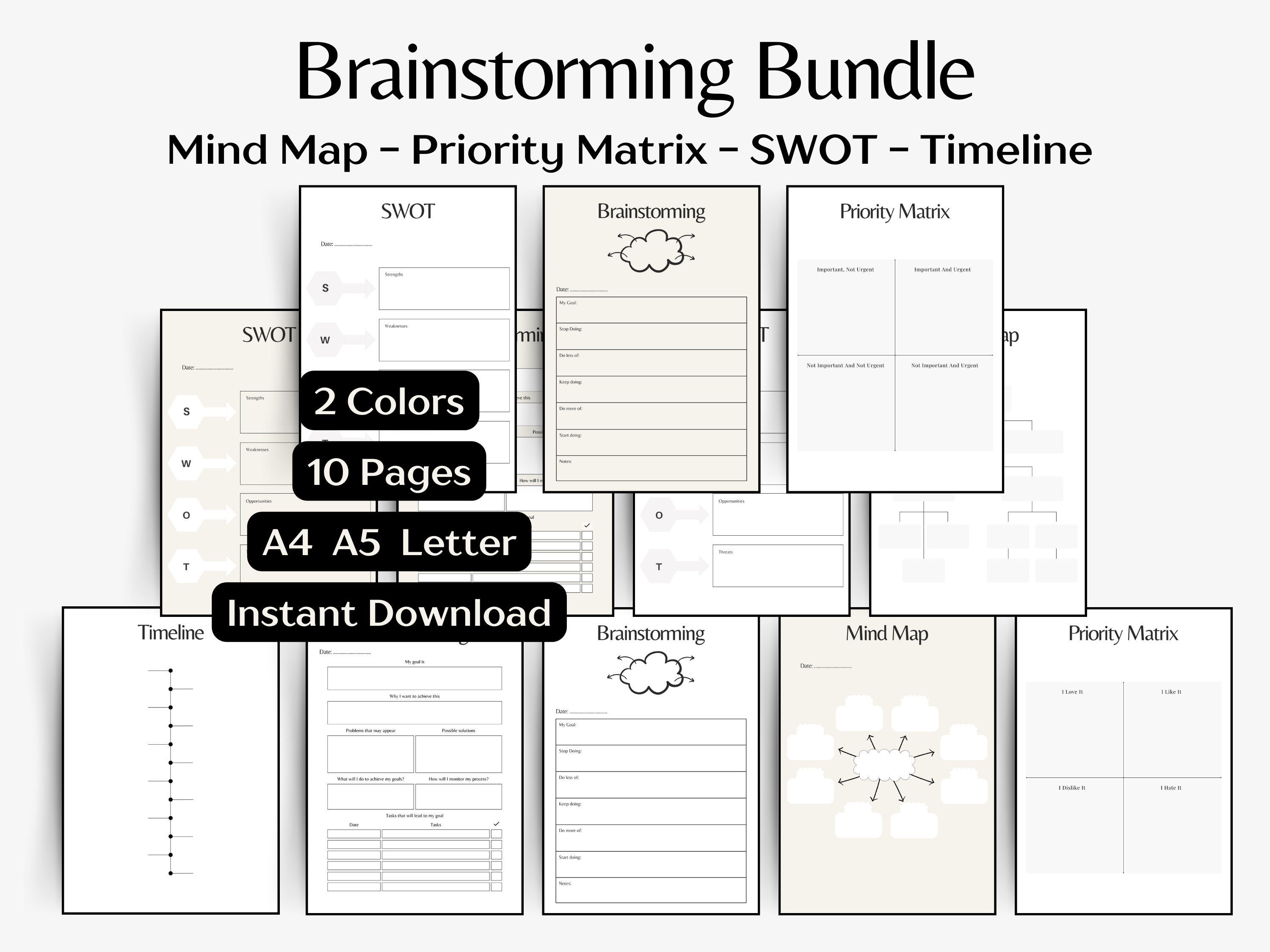 Brainstorm Template Bundle Productivity Digital Planner Mind Map Diagram Concept Map Printable Priority Matrix Creative Thinking For Ideas