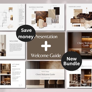 May include: A collection of interior design presentation slides. The slides include floor plans, material selections, furniture layouts, and welcome guides. The text includes "Save money Presentation + Welcome Guide" and "New Bundle".