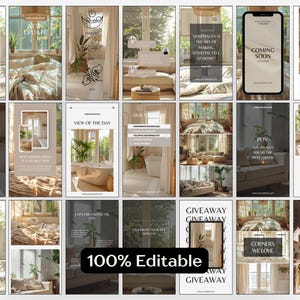 May include: A collection of Instagram story templates with a neutral color palette. The templates feature interior design themes, including bedrooms, bathrooms, and living rooms. Text overlays include phrases like "Coming Soon" and "100% Editable."