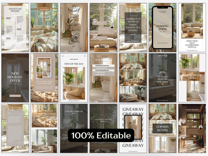 May include: A collection of Instagram story templates with a neutral color palette. The templates feature interior design themes, including bedrooms, bathrooms, and living rooms. Text overlays include phrases like "Coming Soon" and "100% Editable."