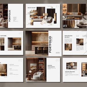 Modelo de portfólio de design de interiores, modelo de design de interiores de luxo, apresentação de arquitetura Canva, quadro de humor de interiores, currículo de designer