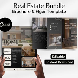 May include: A black and white real estate brochure and flyer template with images of modern homes. The brochure features the text "Home for Sale", "Let's Find Your Comfort House", and "About Us".