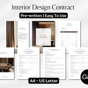May include: A set of interior design contract templates, including a welcome letter, invoice, and thank you note. The documents are labelled "Interior Design Contract" and are pre-written and easy to use. The image also includes the text "A4 - US Letter".