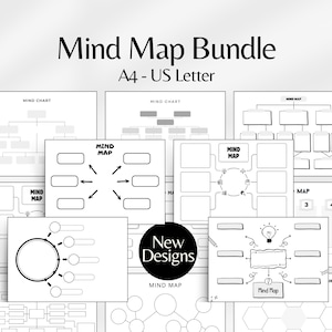 Modelo de pacote de mapa mental, imprimíveis de brainstorming, gráficos de produtividade, diagramas de estudo, folhas de anotações, organização de ideias, carta A4 dos EUA