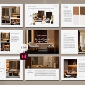 Pode incluir: Layout de apresenta&ccedil;&atilde;o para design de interiores, com uma paleta de cores neutras em tons de castanho e bege. O design inclui mood boards, objetivos do projeto e informa&ccedil;&otilde;es do projeto. O texto "Interior Design Project Title" &eacute; exibido.