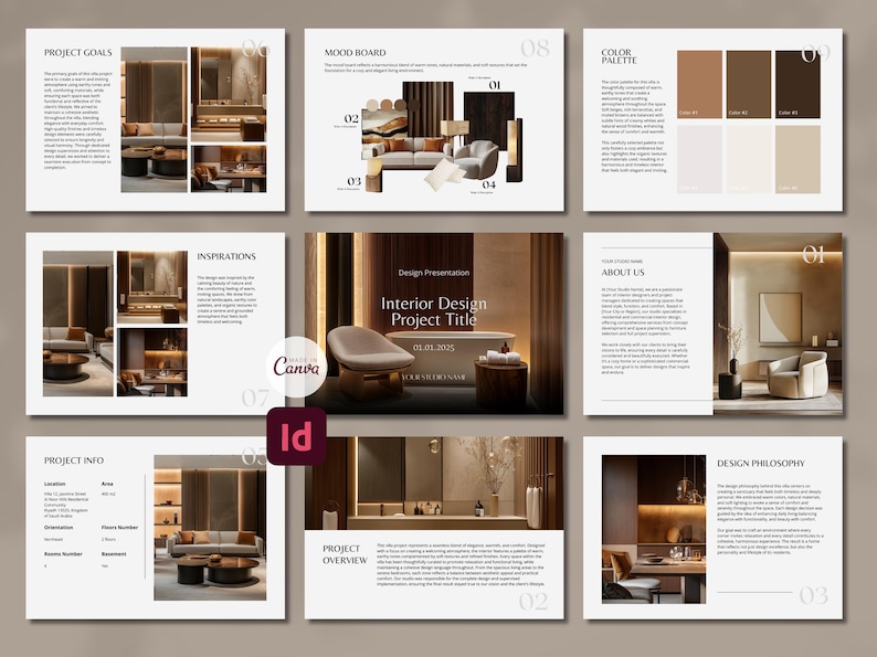Pode incluir: Layout de apresenta&ccedil;&atilde;o para design de interiores, com uma paleta de cores neutras em tons de castanho e bege. O design inclui mood boards, objetivos do projeto e informa&ccedil;&otilde;es do projeto. O texto "Interior Design Project Title" &eacute; exibido.