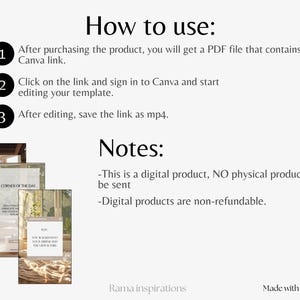 May include: A digital product guide with instructions on how to use a Canva template. The text includes steps to access and edit the template, and notes about the digital nature of the product. The image also shows examples of the template.