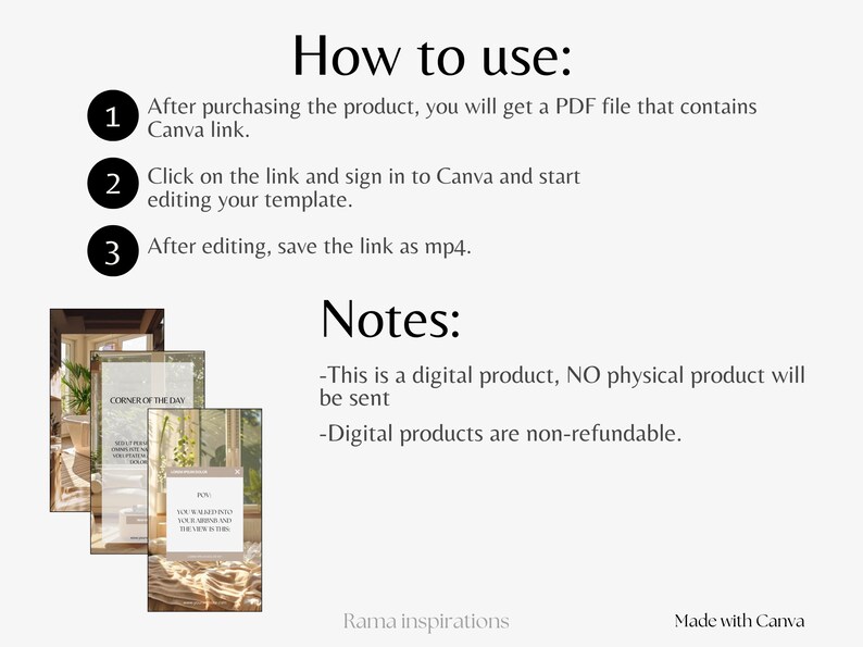 May include: A digital product guide with instructions on how to use a Canva template. The text includes steps to access and edit the template, and notes about the digital nature of the product. The image also shows examples of the template.