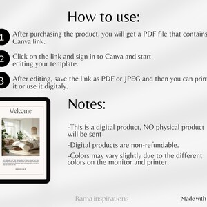 May include: A digital product guide with instructions on how to use a Canva link. The guide includes steps for editing and saving the template as PDF or JPEG. A tablet displays a welcome message with a bedroom image.