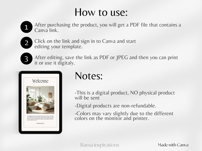 May include: A digital product guide with instructions on how to use a Canva link. The guide includes steps for editing and saving the template as PDF or JPEG. A tablet displays a welcome message with a bedroom image.