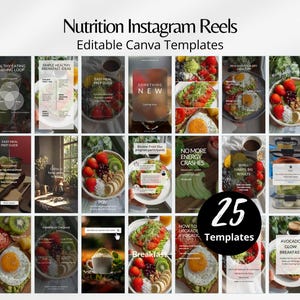 Könnte beinhalten: Eine Sammlung von 25 Instagram Reels-Vorlagen zum Thema Ernährung. Die Vorlagen zeigen Bilder von gesunden Mahlzeiten, Früchten und Textüberlagerungen. Der Titel lautet "Nutrition Instagram Reels Editable Canva Templates".