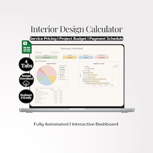 Puede incluir: Una pantalla de portátil que muestra una calculadora de diseño de interiores con un panel de resumen, un gráfico circular y un gráfico de barras. La interfaz incluye los textos Service Pricing, Project Budget, Payment Schedule, 4 Tabs, Instant Download y Beginner Friendly.