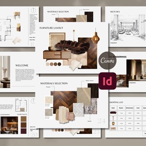 May include: A collection of interior design presentation slides. The slides showcase floor plans, furniture layouts, material selections, and sketches. The presentation includes the Canva and Adobe InDesign logos.