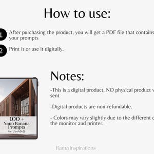 May include: A digital product advertisement with instructions and notes. The image includes a tablet displaying a book cover with the text "100+ Nano Banana Prompts For Architects". The instructions explain how to use the product.