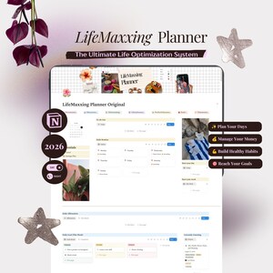 Peut inclure: Une interface numérique de LifeMaxxing Planner affichée sur un écran, comprenant des sections pour les routines quotidiennes, les listes de tâches et le suivi des objectifs. La mise en page inclut des étiquettes comme Plan Your Days et 2026.