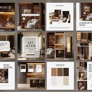Pu&ograve; includere: Una raccolta di moodboard di design d'interni e grafiche promozionali. Le immagini presentano spazi abitativi moderni, palette di colori e consigli di design. Il testo include "New Project", "Mood Board" e "Color of the Week".