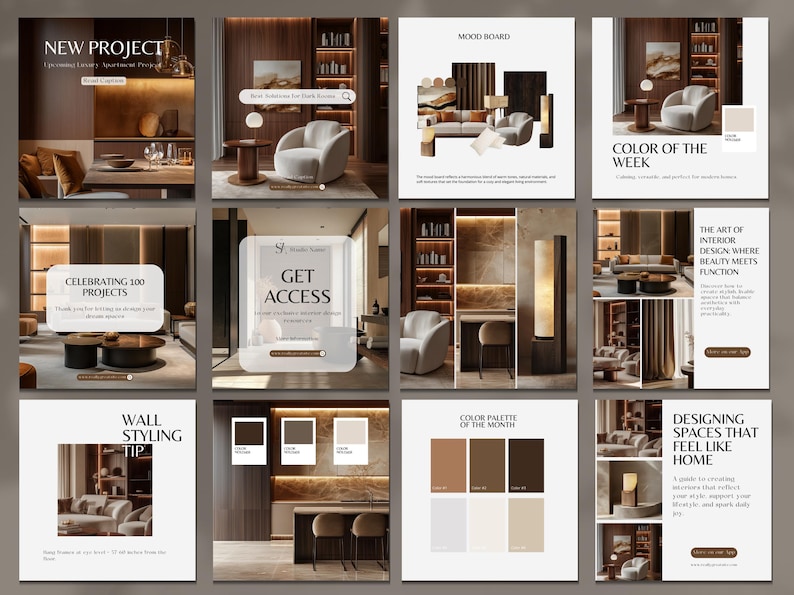Pu&ograve; includere: Una raccolta di moodboard di design d'interni e grafiche promozionali. Le immagini presentano spazi abitativi moderni, palette di colori e consigli di design. Il testo include "New Project", "Mood Board" e "Color of the Week".