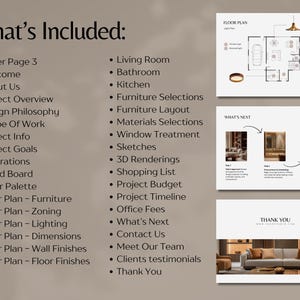 Pode incluir: Layout de apresenta&ccedil;&atilde;o com uma lista de itens inclu&iacute;dos, incluindo plantas baixas, sele&ccedil;&otilde;es de m&oacute;veis e depoimentos de clientes. O layout apresenta uma planta baixa, uma se&ccedil;&atilde;o "What's Next" e um slide "Obrigado", tudo em uma paleta de cores neutras.